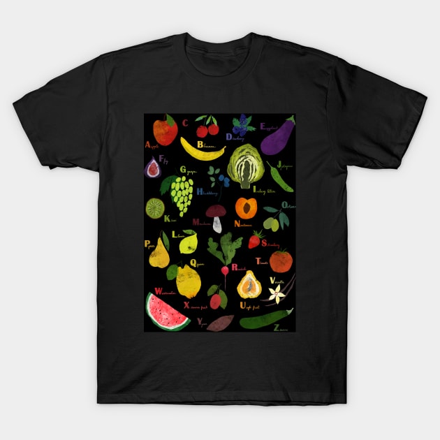 Fruit and vegetables English alphabet on dark T-Shirt by LavishSeason